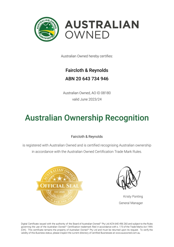Faircloth &amp; Reynolds certified as Australian Owned